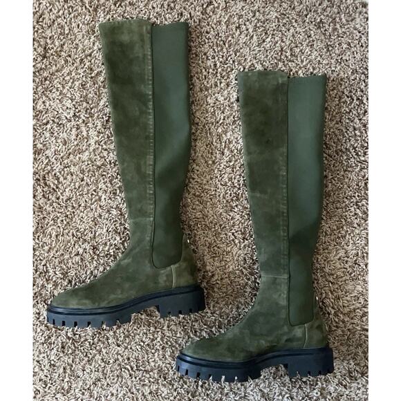 Stuart Weitzman Olive Knee High Lug Boots Stretch Shaft Combat EU 35.5 US 5B - Picture 5 of 11